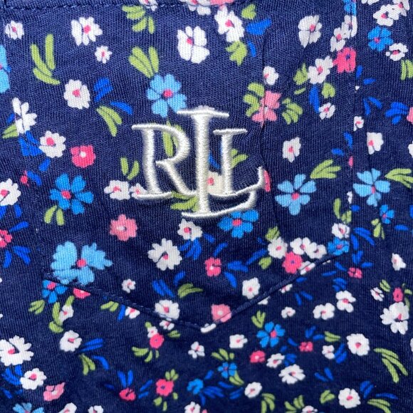 Ralph Lauren Womens Floral Print Pajama Top L Short Sleeve Button-Down Navy - Picture 6 of 7